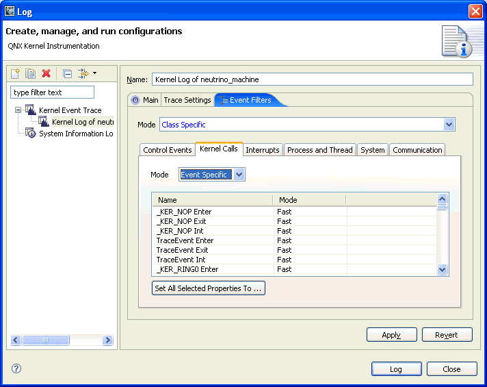 Log Configuration filter dialog
