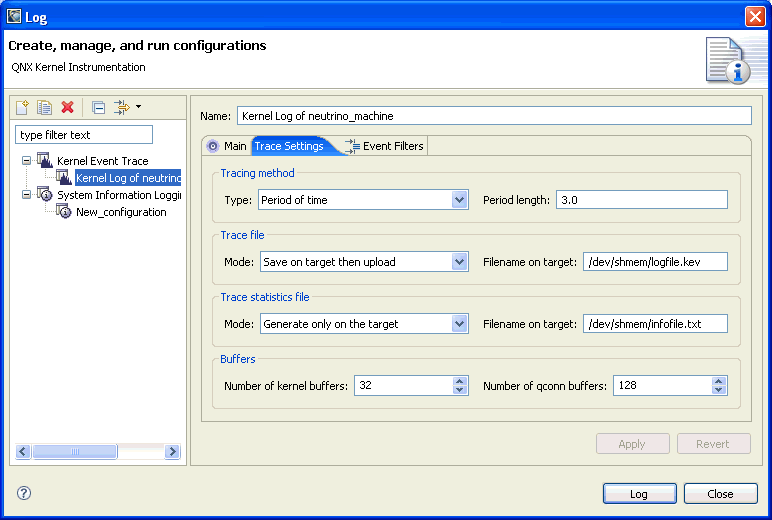 Log Configuration dialog